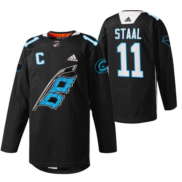 Men's Carolina Hurricanes #11 Jordan Staal 2022 Black Warm-up Stitched Jersey - Click Image to Close